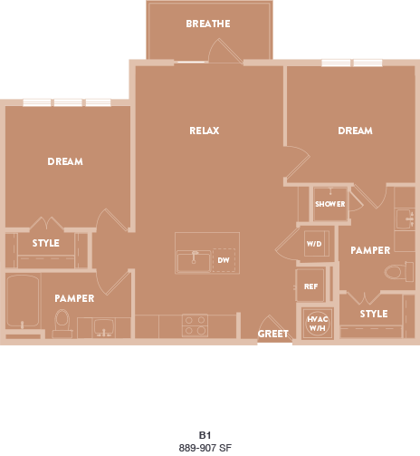 Floor plan for 2 beds, 2 baths, 907 sqft